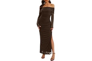 Relipop Women Off Shoulder Dress Long Sleeve Bodycon Mesh Ruched High Split Fall Formal Wedding Guest Maxi Dresses