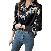 Womens Button Down V Neck Shirts Long Sleeve Casual Dressy Horse Printed Blouses Tops