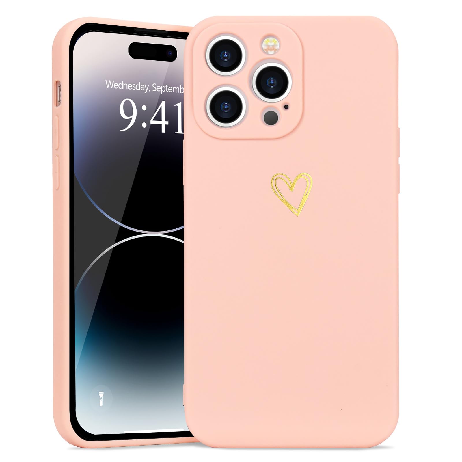 Wirvyuer for iPhone 14 Pro Max Case with Cute Heart Pattern Soft Shockproof Protective Silicone Phone Case for Women Girls,Pink
