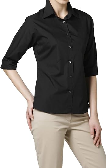 Amazon ベーシックシャツ ５分袖 ｌ ブラック シャツ ブラウス 黒 レディース 就職活動 通勤 オフィス ビジネス ユニフォーム リクルート スーツ インナー 大きいサイズ 事務服 シャツ ブラウス 通販