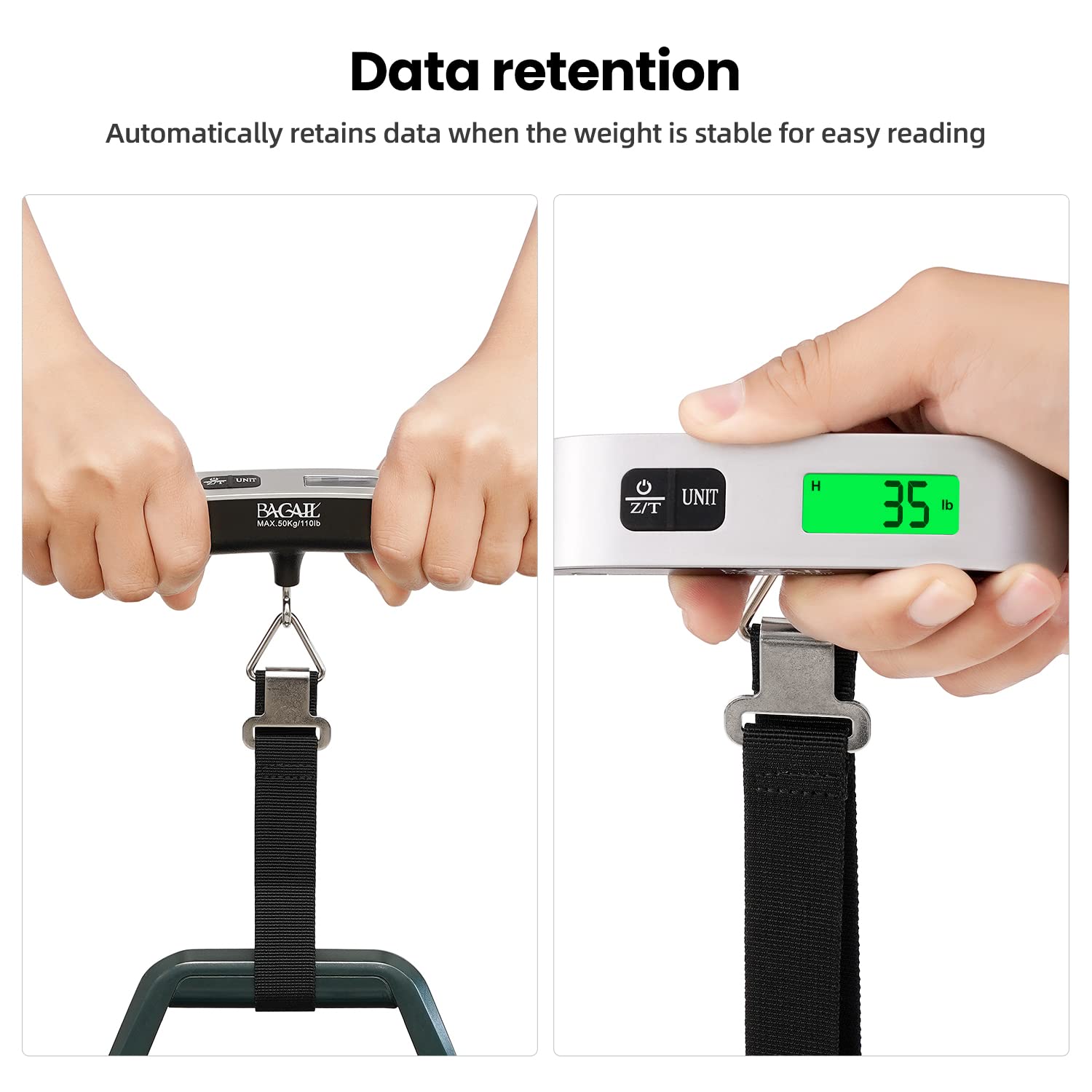 BAGAIL Digital Luggage Scale, 110lbs Hanging Baggage Scale with Backlit LCD Display, Portable Suitcase Weighing Scale, Travel Luggage Weight Scale with Hook, Strong Straps for Travelers