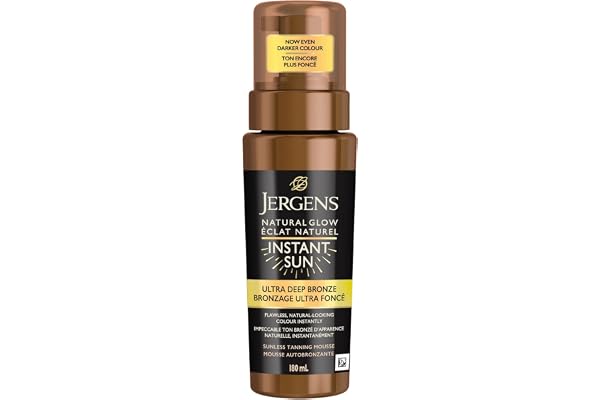 Jergens Natural Glow Instant Sun Sunless Self Tanning Mousse for Dry Skin, Ultra Deep Bronze Shade (180 mL)