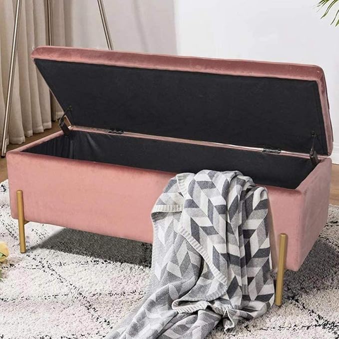 Panca Imbottita Con Contenitore 90x40x42cm Velluto + Gambe In Metallo Beige 96193561