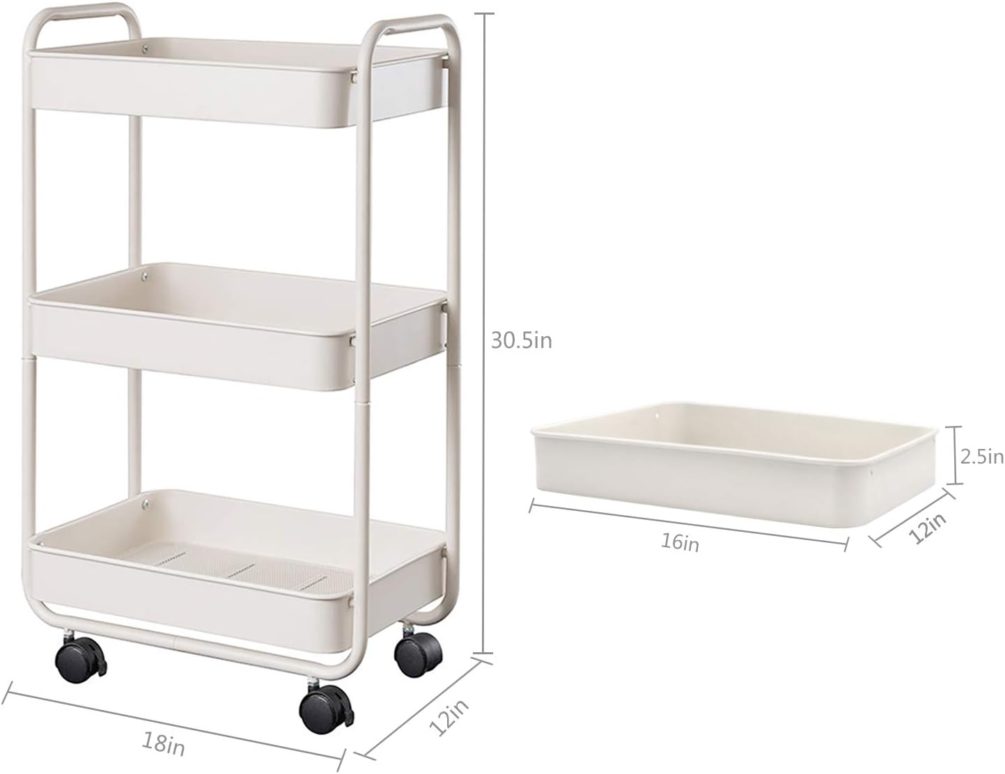 Buruis 3-Tier Rolling Utility Cart Metal Storage Shelves Multifunction Trolley with Utility Handles Easy Assembly for Kitchen, Office, Bedroom, Nursery Room, Pantry, Bathroom (White): Kitchen & Dining