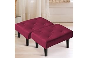 HOUCHICS Small Footstool Ottoman, Velvet Wooden Foot Stool Ottoman with Wood Legs, Sofa Footrest Extra Seating for Living Room Entryway Office(Red 2PACK)