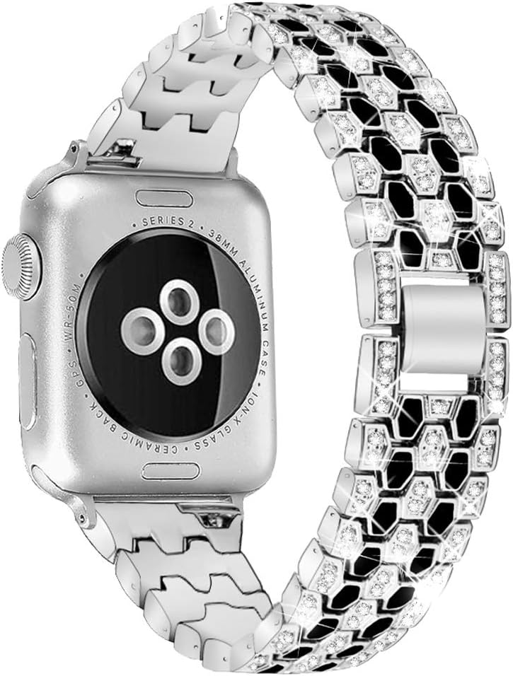 MEFEO Compatible with Apple Watch Band 38mm 40mm 42mm 44mm, Women Jewelry Wristband Bling Diamond Metal Replacement for iWatch Band SE Series 6 5 4 3 2 1 (Silver/Black, 38mm/40mm)