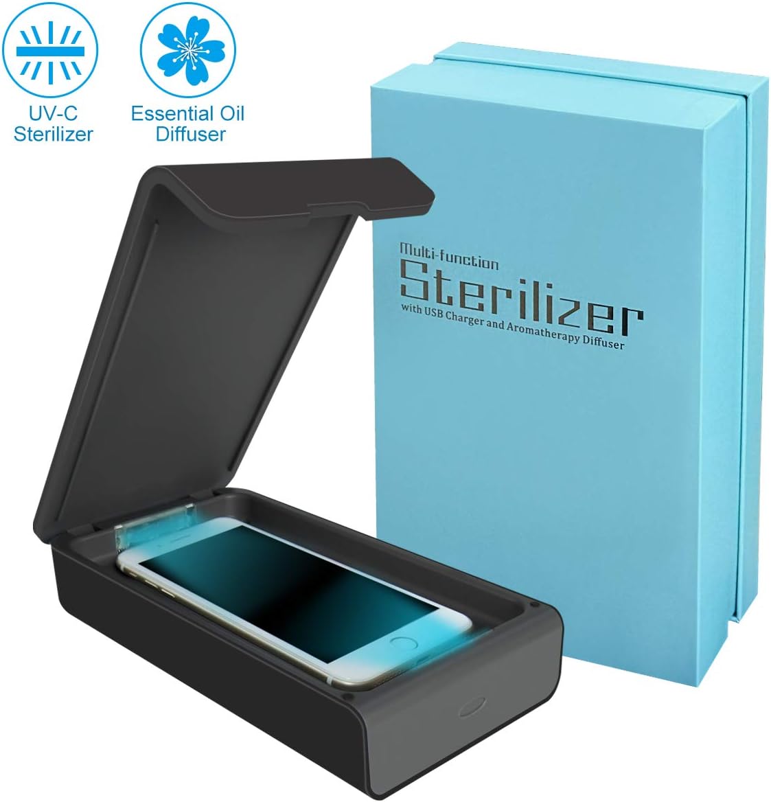 UV Cell Phone Sanitizer, Portable UV Light Smart Phone Sterilizer, Aromatherapy Function Disinfector,Phone Cleaner Case with USB Charging for iOS Android Smart Phone Toothbrush Jewelry Watches-Black