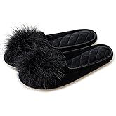GRITHEIM Women's Fuzzy Pom Pom Velvet Memory Foam House Slippers Ladies Cozy Chenille Knit Bedroom Slippers Non-slip Sole Indoor Outdoor