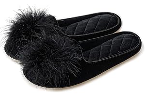 GRITHEIM Women's Fuzzy Pom Pom Velvet Memory Foam House Slippers Ladies Cozy Chenille Knit Bedroom Slippers Non-slip Sole Indoor Outdoor