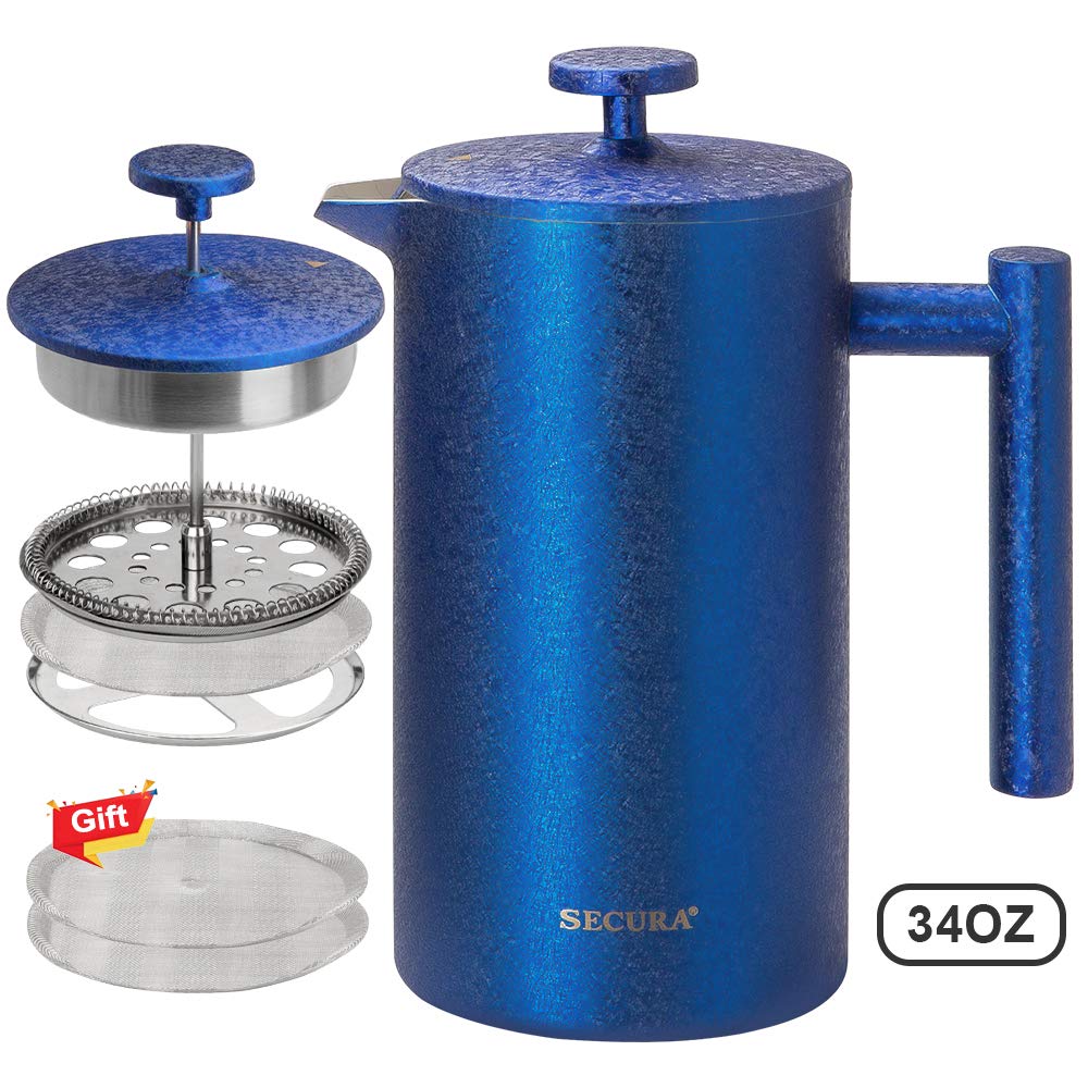 Secura French Press Coffee Maker, 304 Grade Stainless Steel Insulated Coffee Press with 2 extra Screens, 34oz (1 Litre), Blue