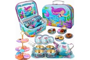 CHAMPHOX 48PCS Tea Party Set for Little Girls - Princess Tea Time Mermaid Theme Tin Tea Set, Role-Playing Teapot Dessert Carrying Box for Girls Ages 3+ Party Gifts, Kitchen Pretend Play, Table-Manner Learning
