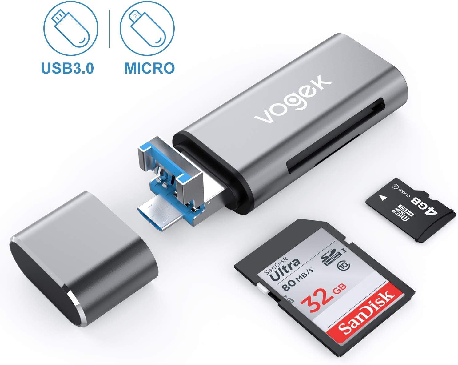 USB 3.0 SD/Micro SD Card Reader, VOGEK Portable Memory Card Reader with Standard USB Male & Micro USB Male Connector for Smartphones/Tablets with OTG Function