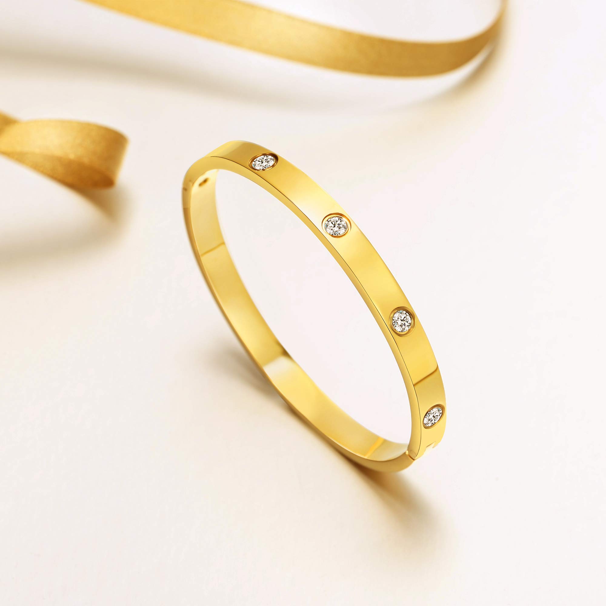 MVCOLEDY Jewelry 18 K Gold Bangle Bracelet CZ Stone Hinged Stainless Steel with Crystal Bangle for Women Small Size 6.7\