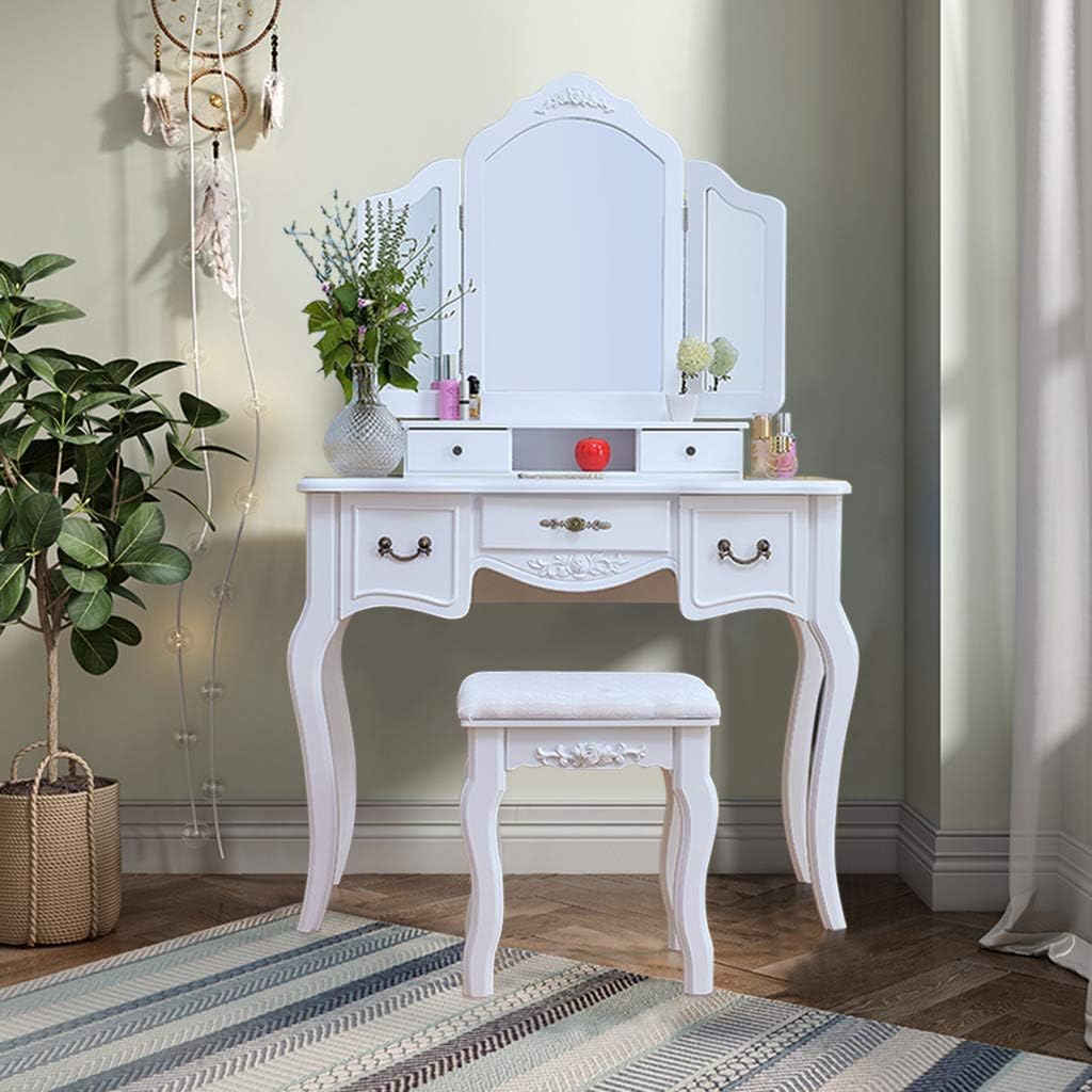 Buy Cheap New Xesvk Makeup Vanity Table Flip Top Mirror Makeup Dressing Table Writing Desk Vanity Beauty Station Wooden Stool 3 Mirrors 5 Drawers Set With Chair Us Stock First Class Quality