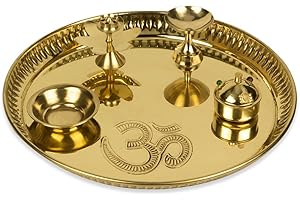 Zap Impex Om Pooja Brass Plate Set (Diameter - 20cm) - Puja Arti/Aarti Thali for Home Mandir | Temple | Diwali Decoration | Wedding | Home Decor