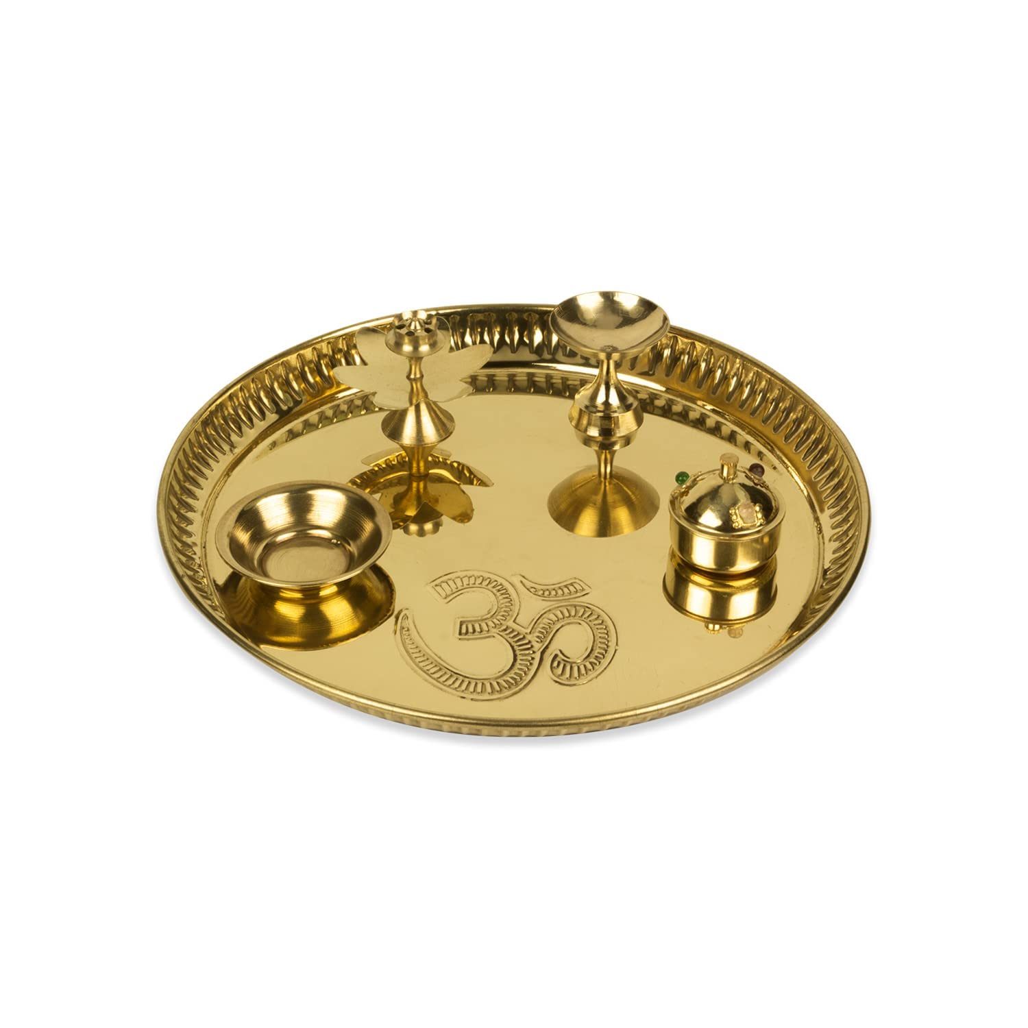 Zap Impex Om Pooja Brass Plate Set (Diameter - 20cm) - Puja Item/Aarti Thali for Home Mandir | Temple | Diwali Decoration | Wedding | Home Decor