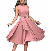 FENJAR Women's Elegance Audrey Hepburn Style Ruched Dress Round Neck Sleeveless Swing Midi A-line Dresses