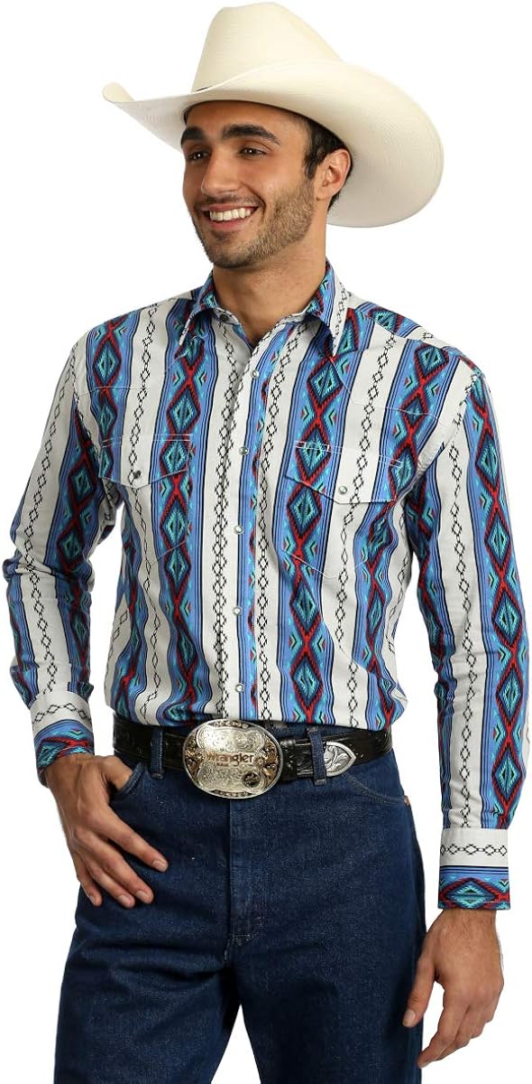 Wrangler Men's Grey Checotah Aztec Print Long Sleeve Western Shirt Blue