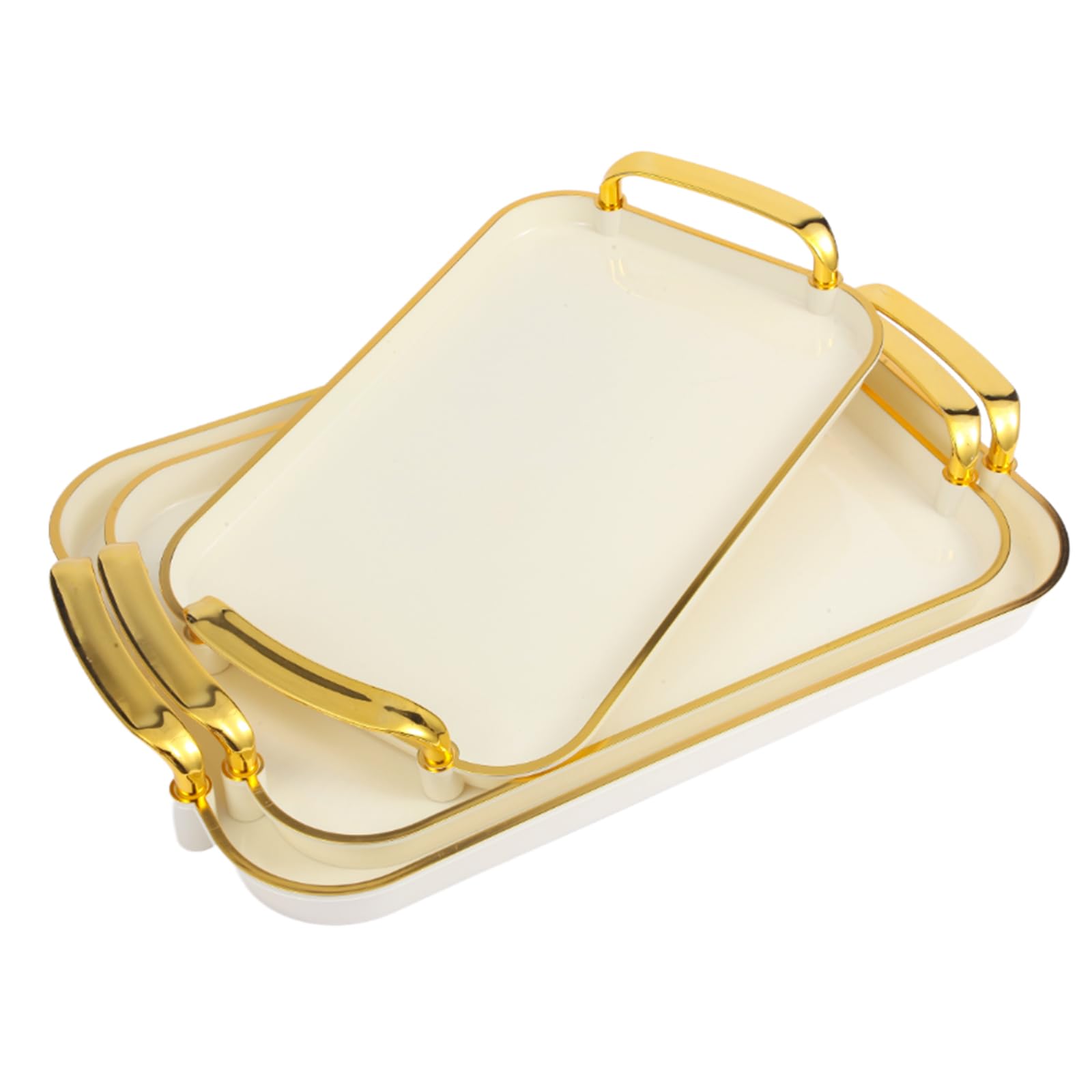 Photo 1 of Aayoruro Serving Tray with Handles Set of 3 Rectangular Large Serving Platters 16.5/14.9/13.2 Inch White Plates for Dinner, Party, Entertaining, Cream Gold