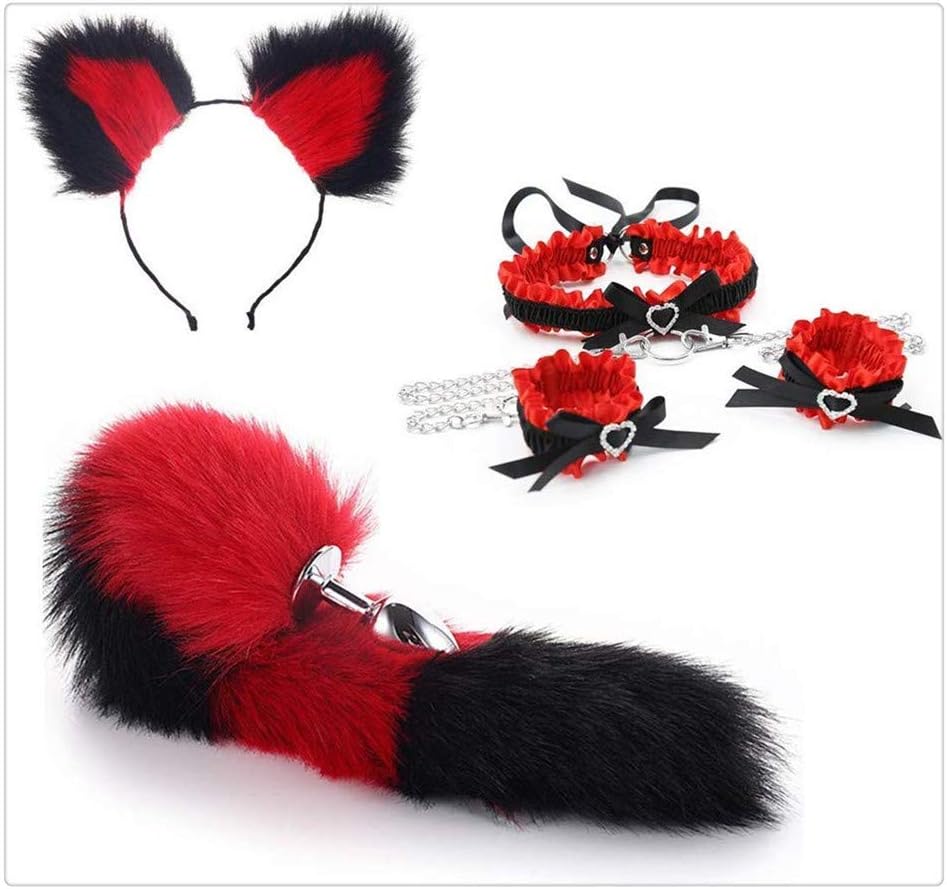 Carinloing 3Pcs Novel Role Play B-¨¹-t-t P-l-¨³-g Tail Bowknot Wristband Plush Ears Headband for Your Women (Red and Black)