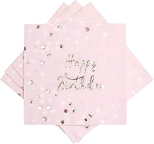 Zealax Rose Gold Foil Cocktail Napkins - 24 Count Happy Birthday Party Napkins Disposable 3 Ply Luncheon Beverage Napkins, Folded 6.5 x 6.5 inch, Pale Pink