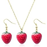 CJIAYUJEW 3D Simulated Fruit Strawberry Acrylic Necklace Earring Set. Cute Stereoscopic Red Strawberry Dangle Necklace Earring Set