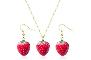 CJIAYUJEW 3D Simulated Fruit Strawberry Acrylic Necklace Earring Set. Cute Stereoscopic Red Strawberry Dangle Necklace Earring Set
