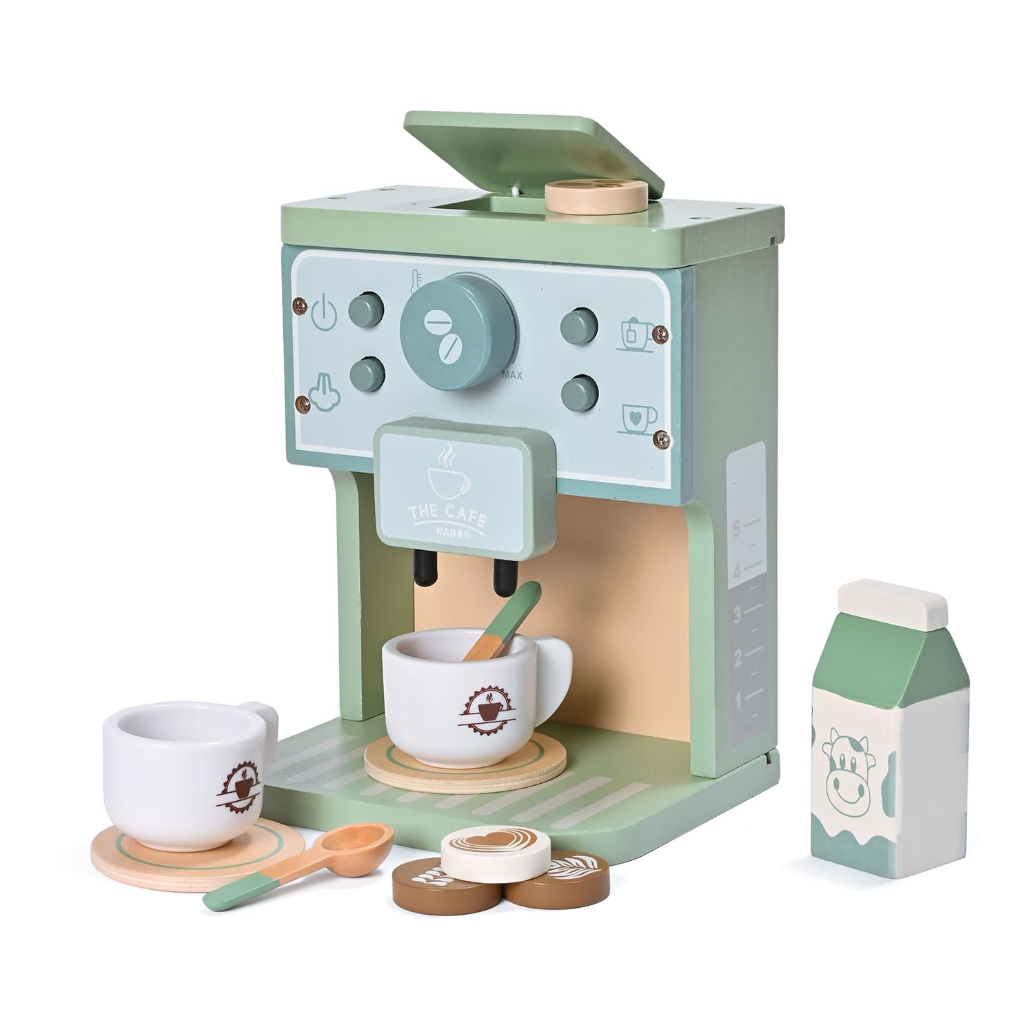 Donmills Kids Wooden Toys Toddler Pretend Play Kitchen Accessories Green Coffee Maker Espresso Machine Playset Montessori Kitchen Toy Gift for Girls and Boys — image 1