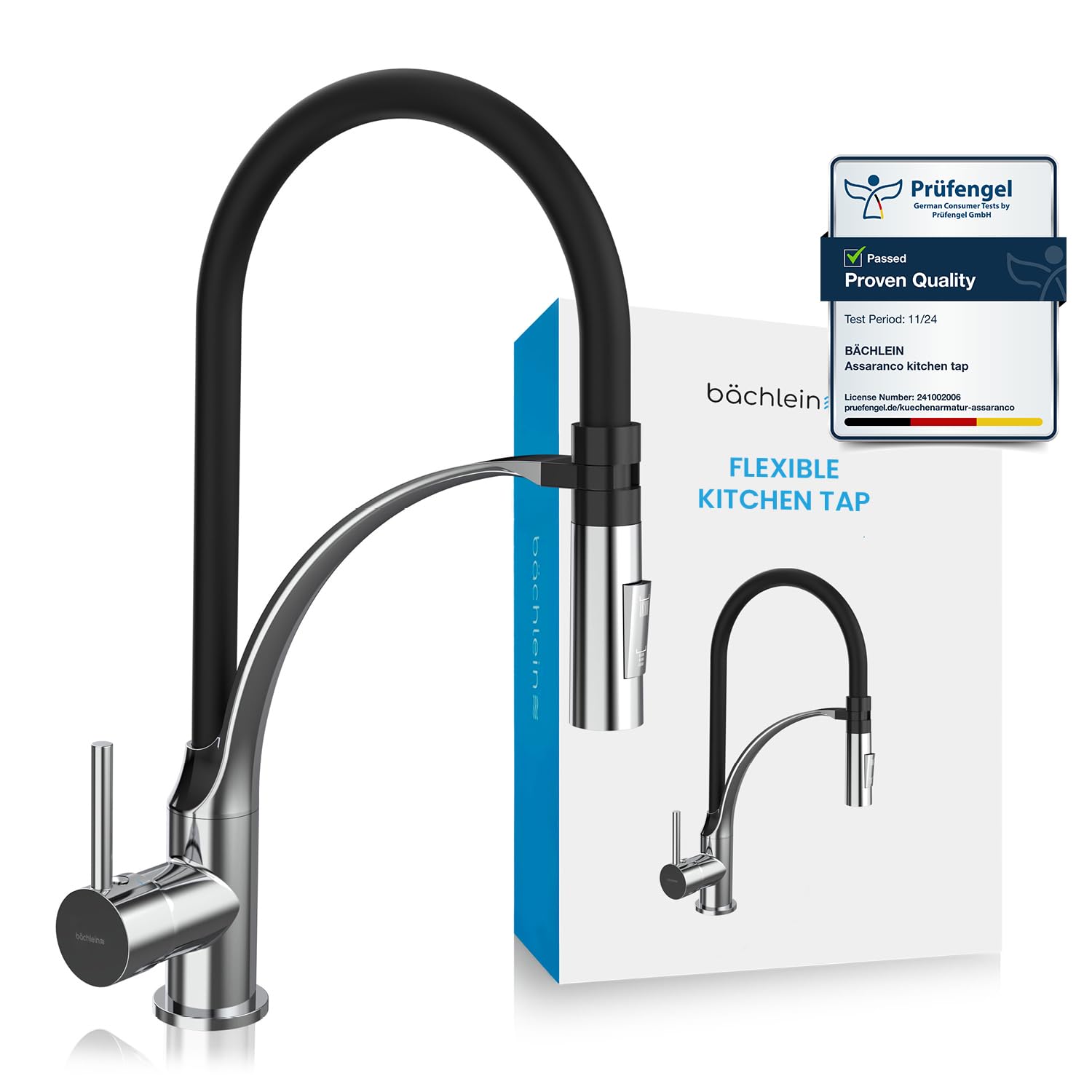 Bächlein Kitchen Faucet 360 Degree Swivel (Brushed Stainless Steel) - One-Hand Sink Mixer with Flexible Neck and Shower with Switch Button, Kitchen Faucet with Magnetic Holder