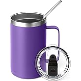 Volhoply 16oz Insulated Coffee Mug with Lid and Straw, Stainless Steel Travel Mugs with Handle, Double Wall Vacuum Leak Proof Coffee Tumbler Cup (Purple,1)