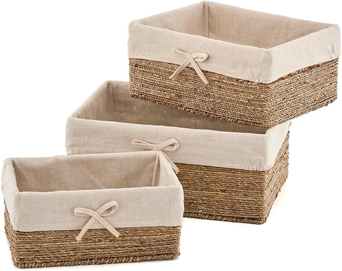 EZOWare Set de 3 Cestas de Almacenamiento de Mimbre de Natural Algas