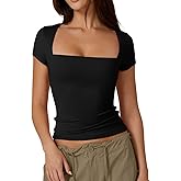 QINSEN Women's Square Neck Short Sleeve T Shirts Double Lined Basic Tee Slim Fit Tops