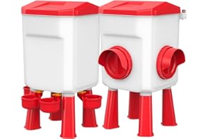 ASRJKIE Chicken Feeder and Waterer Set No Waste, 3 Gallons/26 Pounds, 4 Water Cups / 3 Feeder Ports, Hanging Poultry Feeder W