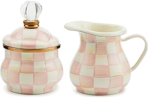 MACKENZIE-CHILDS Enamel Creamer and Sugar-Bowl Set, Cream Dispenser and Sugar Holder, Unique Kitchen Decor, Pink-and-White Rosy Check