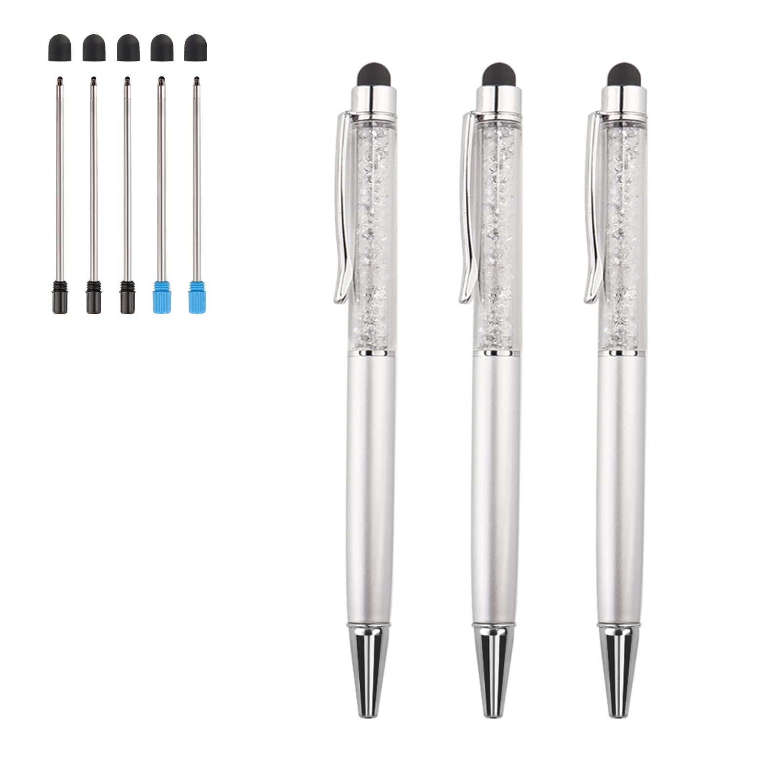 2 in 1 Bling Crystal Diamond Pen 3 Pieces Capacitive Touch Screen Stylus with Replacement Refills Black Blue Ink Rubber Tips for iPhone iPad Kindle Touchscreen Devices (Silver)