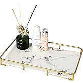 Dobbyby Vanity Tray Makeup Organizer Cosmetics Storage Bathroom Skincare Organizer Countertop Display Rack in Dresser Stainless Steel Shelf Marble Print Ceramic Trays