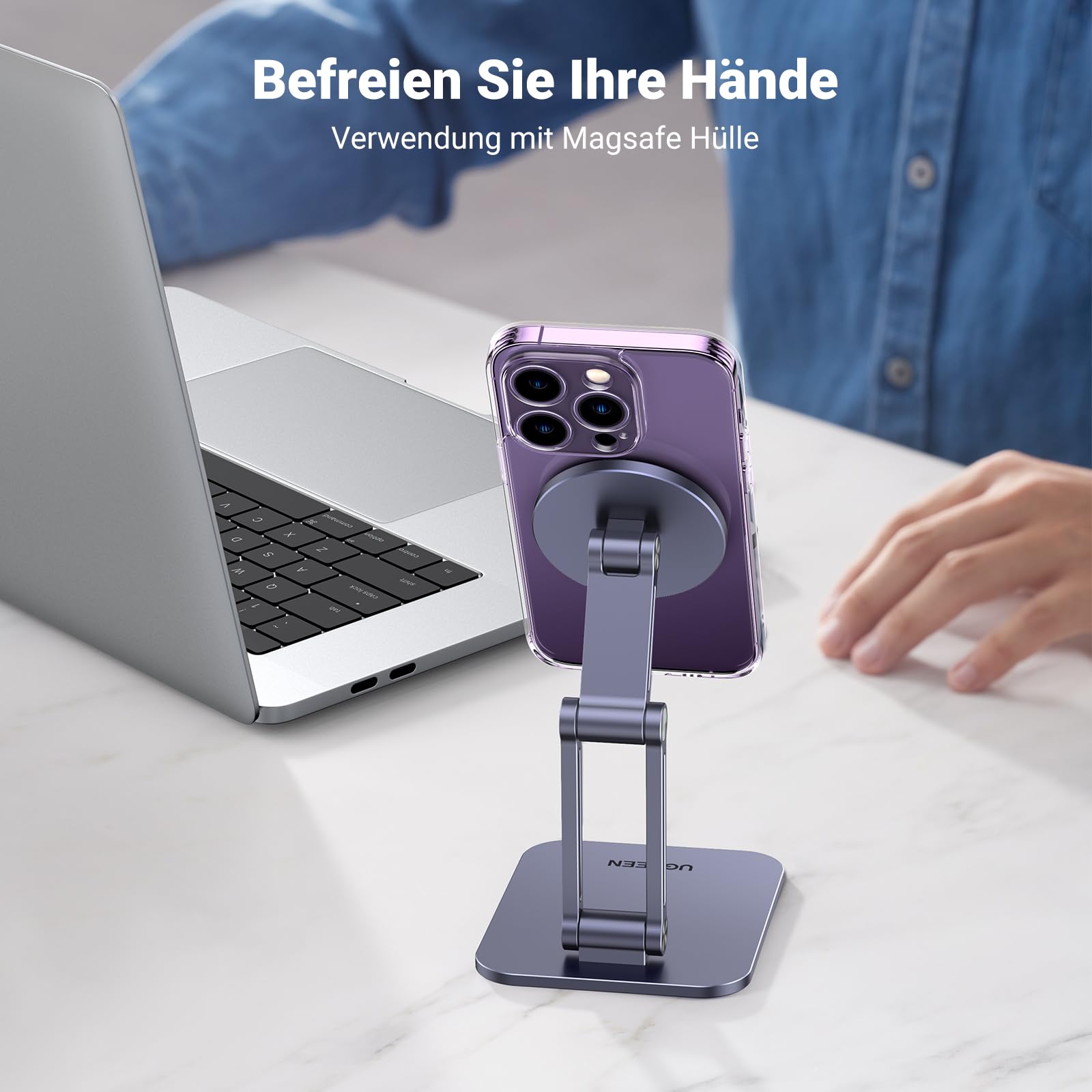 UGREEN Magnetischer Handy Ständer Magsafe Handyhalter Tisch Faltbarer iPhone Ständer mit Metallringe kompatibel mit iPhone 17 16 15 14 13 12 Pro Max und Magsafe Hülle, Galaxy S23 Ultra S23+ (Grau) 5