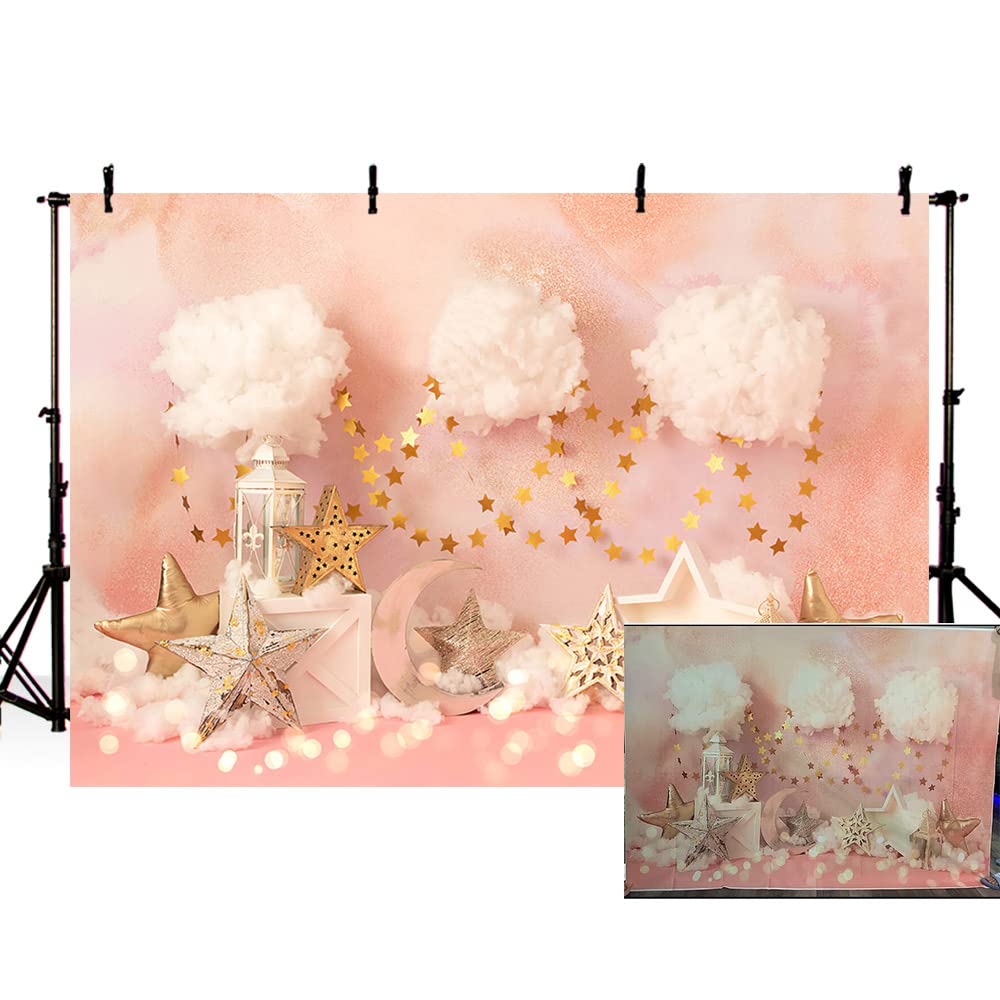 MEHOFOND 7x5ft Pastel Girl Birthday Photography Backdrop White Cloud And Star Moon Newborn Portrait Background Banner Family Party Cake Smash Decor Photo Studio Props Supplies