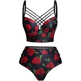 DRESSFO Womens Gothic Retro Skull Rose Mushroom Bikini Set | Gothic skull,rose flower,mushroom print, Beach Bikini,Vintage bikini, Retro Tankini,High Waisted Tummy Control Bathing Suit