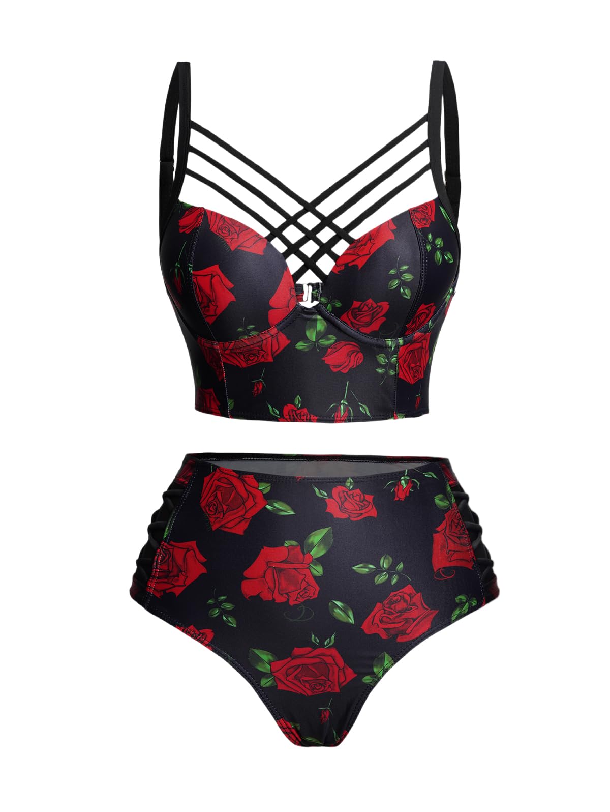 Photo 1 of *large* DRESSFO Vintage Retro Rose Print Crisscross High Waisted Bikini Set Two Piece Tummy Control Bathing Tankini (Black/L)