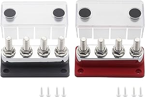 Gloaso Marine Bus Bar Copper 12V Power Distribution Block 600 Amp Heavy Duty 4 x 3/8" Studs Terminals Block Car Positive& Ground Battery Busbars with Cover 48V DC 600A, Red& Black, 1 Pair