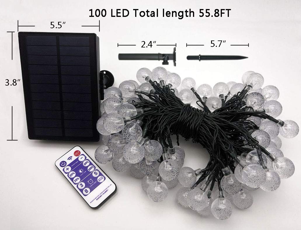 2018 Outdoor Solar String Lights 100 LED - Crystal Waterproof Lights 55.8 FT- Patio Lawn Landscape Lighting