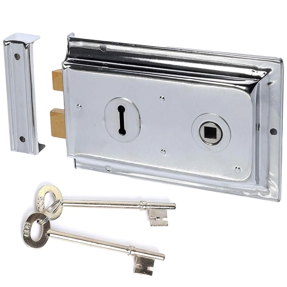 Ironmongery World Old Victorian Style Double Handed Flanged Rim Door Lock Latch 6" x 4" in 4 Finishes - Satin Chrome