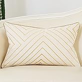Avigers 12 x 20 Inch White Gold Striped Geometric Lines Embroidery Velvet Cushion Case Luxury Modern Lumbar Throw Pillow Cover Decorative Pillow for Couch Living Room Bedroom Car 30 x 50cm