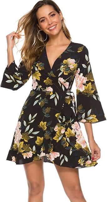 UKAFA Spring and Autumn Dress V-Neck Sexy Wrap-Around Chest Tie with