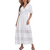 S. Adriana Boho Maxi Dress for Women 2025 Summer V Neck Lace Wedding Guest Dress Smocked Waist Bohemian Long Flowy Dresses