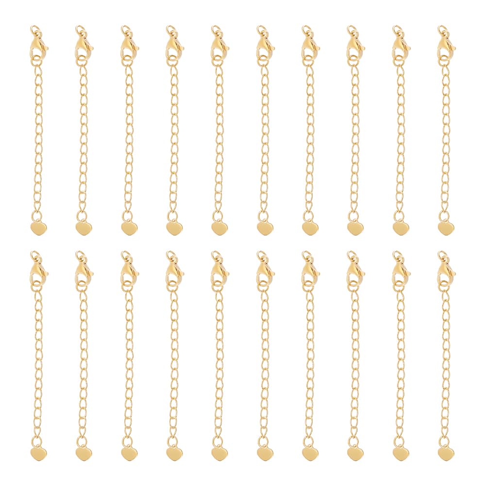 UNICRAFTALE About 20Pcs 70mm 304 Stainless Steel Golden Extension Chain Sets End Chains Extension Tails with Clasps and Tiny Heart Charm Chain Extender for Necklace Bracelet Jewelry Making