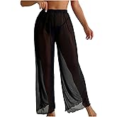 Milumia Women's Lettuce Trim Sheer Mesh Swimsuit Cover Up Pants See Through Wide Leg Beach Pants