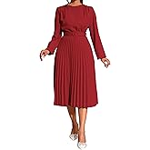 Elainone Women Pleated Midi Dress Long Sleeve Party Wedding Guest Pleated Dress Semi Formal Business Casual Dresses