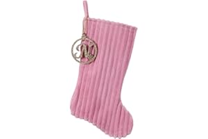 Pxniy 19.5 Inch Embossed Stripe Christmas Stocking,Personalized Xmas Stocking with Gold Wooden Initial Monogram,Fireplace Christmas Party Decoration and Xmas Gift(Pink,Letter N)